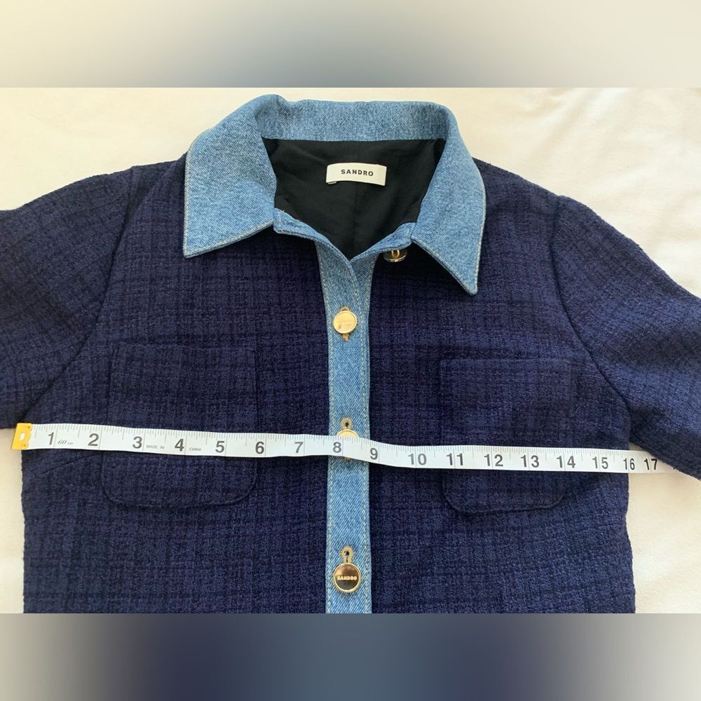Sandro Brooke Mixed Media Shirt Dress Size US 2 / FR 34 Blue Tweed and Denim - Picture 10 of 16